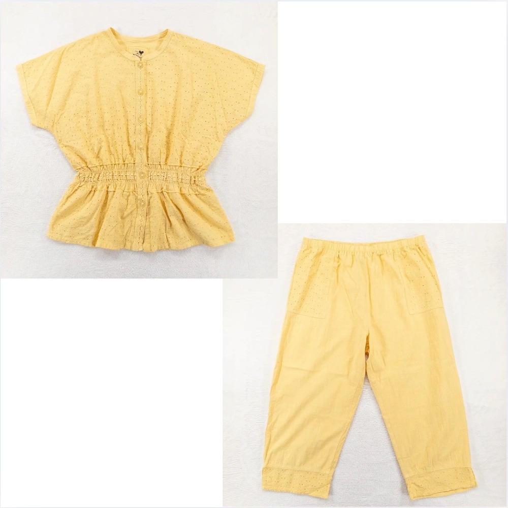 Produce Company Womens Outfit XL Yellow Cotton Eyelet Lace Trim Top Pants Vtg